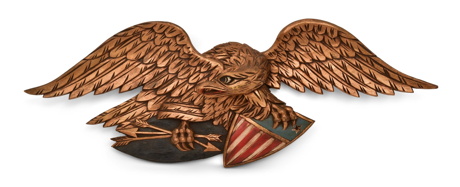 American Carved, Gilded & Painted Wood Eagle Wall Plaque: American Carved, Gilded & Painted Wood Eagle Wall Plaque early 20th century 9 x 24 1/2 inches