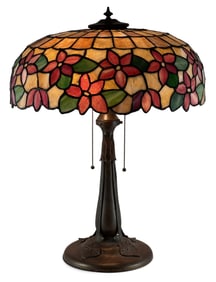 American Leaded Glass & Patinated Metal Table Lamp