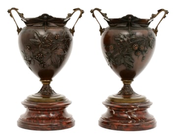 Pair of French Bronze & Rouge Marble Two-Handled Vases by L. Oudry & Cie