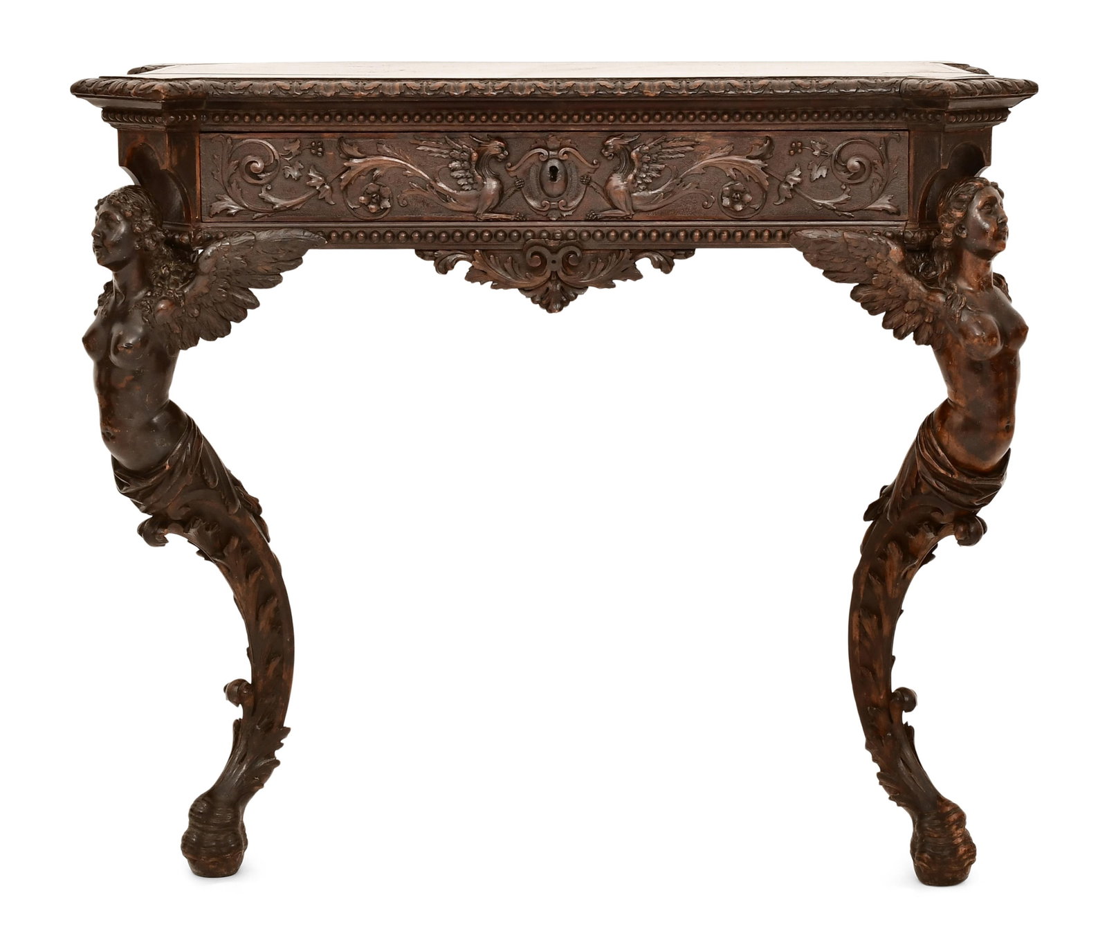 Italian Carved Mahogany Console Table: Italian Carved Mahogany Console Tablelate 19th centuryeach leg in the form of winged maidens32 x 37 x 19 inches
