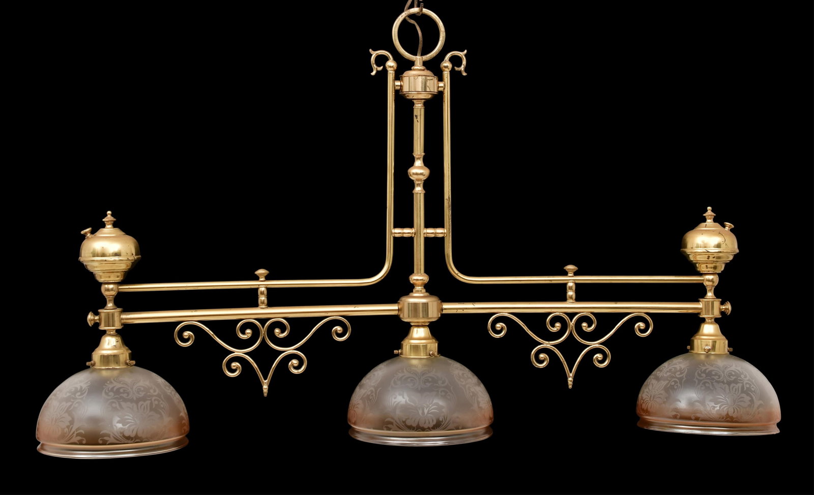 American Brass & Glass Three-Light Ceiling Fixture: American Brass & Glass Three-Light Ceiling Fixture 20th century 27 1/2 x 47 x 9 1/4 inches
