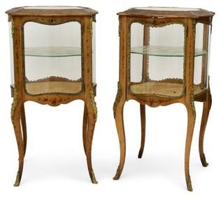 Pair of French Gilt Brass-Mounted and Polychrome-Painted Wood Curio Cabinets
