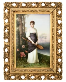 German Hand-Painted Porcelain Plaque of a Woman, "Lautenschlägerin"
