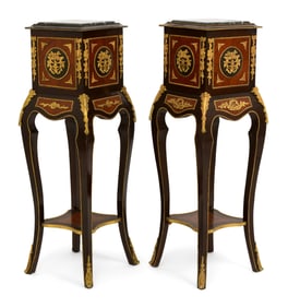Pair of French Gilt Bronze-Mounted Mahogany Marble-Top Pedestals