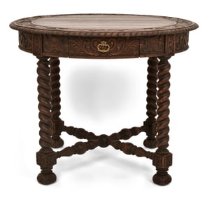 American Carved Oak One-Drawer Round Table