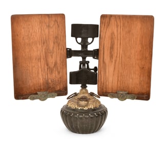 American Bronze, Marble, Oak & Cast Iron Book Stand with Owl Heads