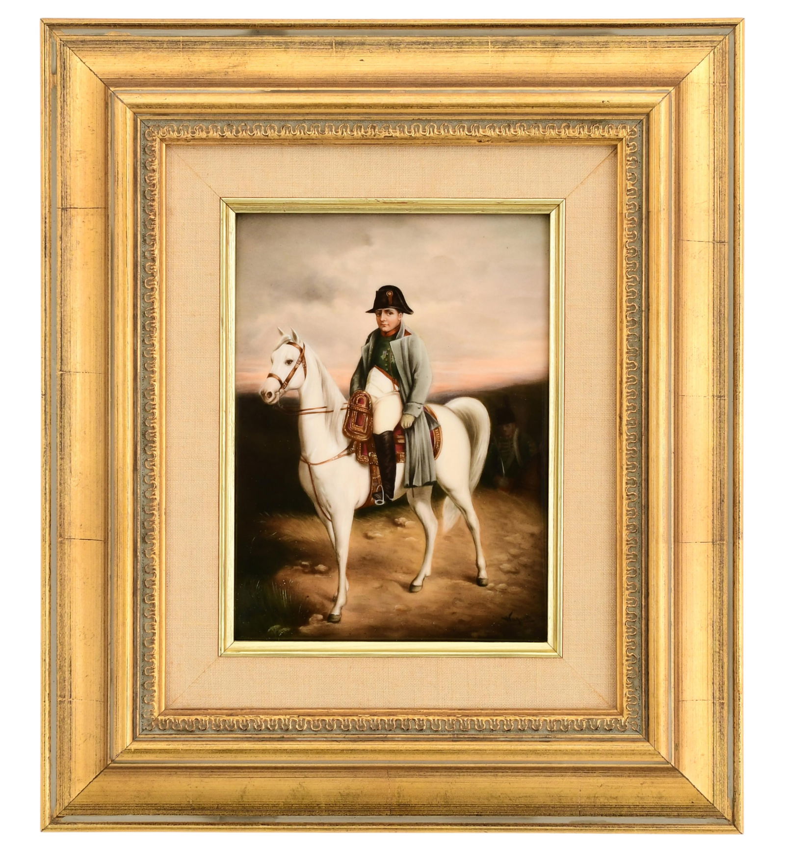 Berlin (KPM) Porcelain Plaque of Napoleon at Austerlitz: Berlin (KPM) Porcelain Plaque of Napoleon at Austerlitzlate 19th centuryimpressed "K.P.M." with scepter mark, artist signed "Wagner"6 3/4 x 5 inches (plaque)13 x 11 1/4 inches (frame)