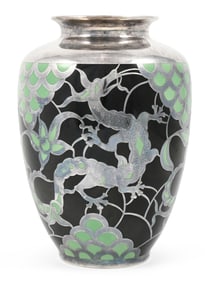 Silver Overlaid & Enameled Porcelain Vase with Dragons