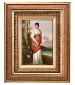 German Hand-Painted Porcelain Plaque of a Woman