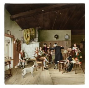 Continental Hand-Painted Porcelain Plaque of Men Playing Music, After Robert Engelhorn