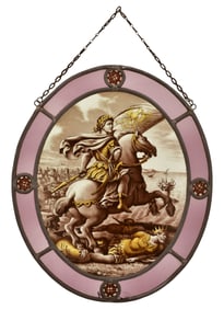 Painted & Leaded Glass Oval Window of a Battle Scene