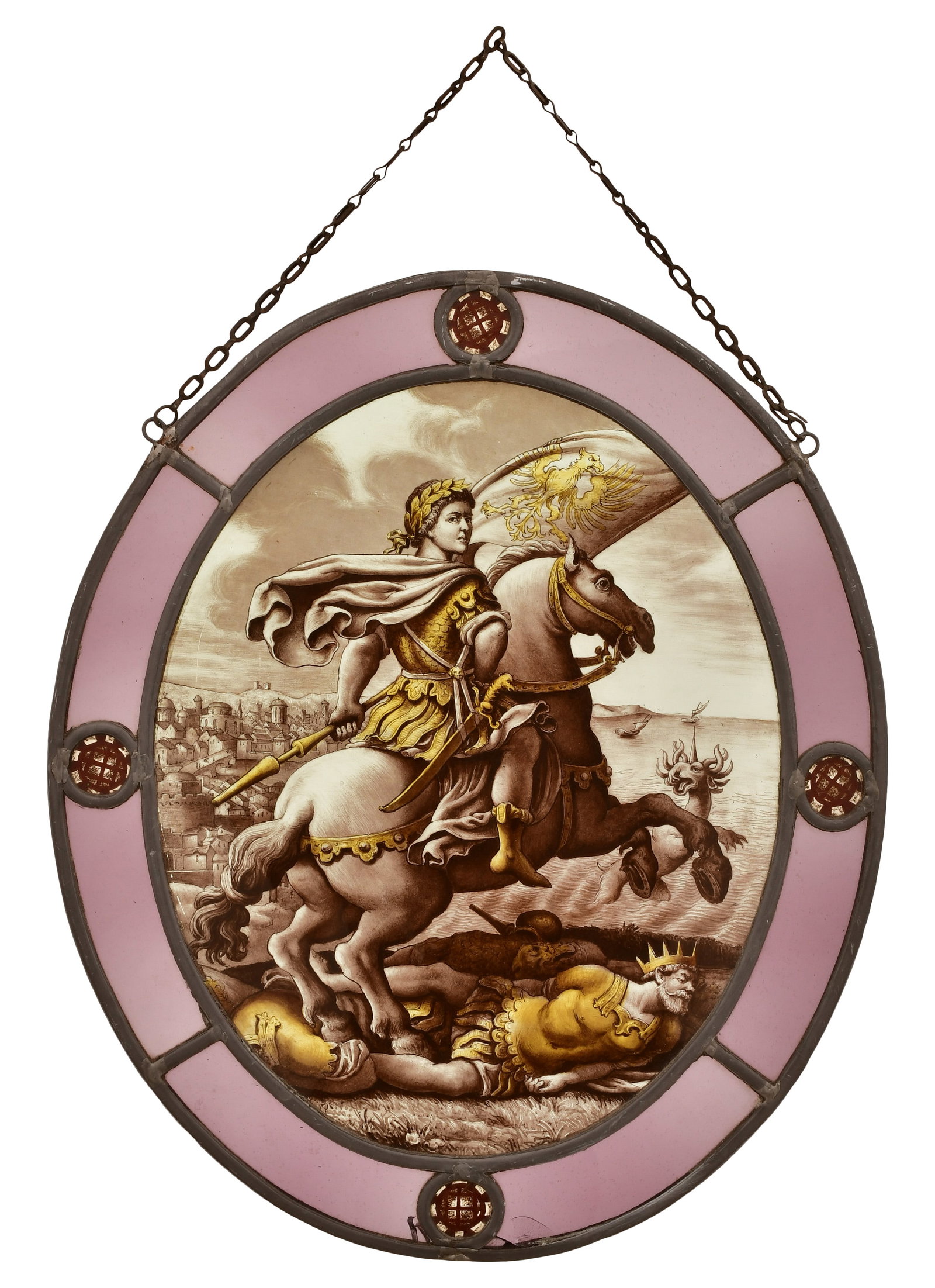 Painted & Leaded Glass Oval Window of a Battle Scene: Painted & Leaded Glass Oval Window of a Battle Scene 19th century 15 3/4 x 13 3/4 inches