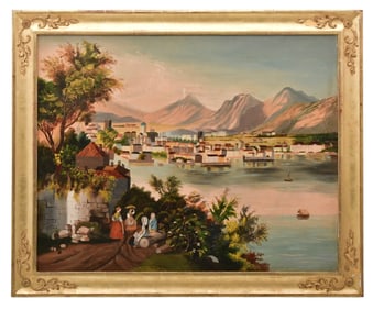 Coastal Village Landscape, Oil on Canvas, Mid-19th Century