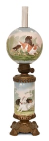 American Hand-Painted Parlor Lamp with Dogs
