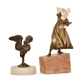 Two Bronze & Onyx Sculptures of a Woman & Stork