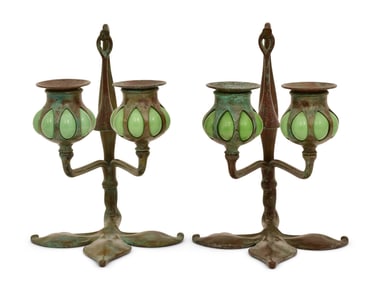 Pair of American Blown Glass & Bronze Two-Light Candlesticks