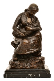 French Patinated Bronze Sculpture of a Mother Breastfeeding