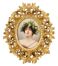 German Hand-Painted Porcelain Plaque of a Woman, Artist Signed Wagner