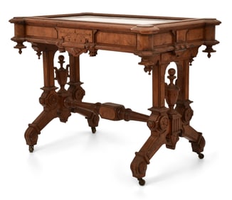 American Renaissance Revival Walnut Table with Marble Top