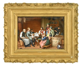 German Porcelain Plaque of an Interior Scene with Figures, "Der Urlauber"