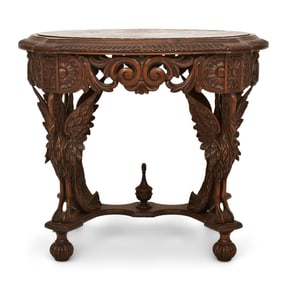 Carved Walnut Swan Center Table with Marble Top