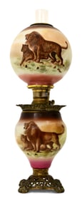 American Hand-Painted Glass & Brass Parlor Lamp with Lions