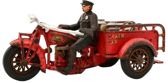 Hubley Cast Iron Motorcycle "Crash Car" with Police Officer