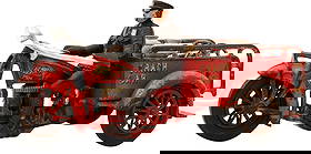 Hubley Cast Iron Motorcycle "Crash Car" with Police Officer: Hubley Cast Iron Motorcycle "Crash Car" with Police Officerearly 20th centurythe underside marked "Hubley," gas tank with "Indian" decal5 x 11 1/2 x 5 inches