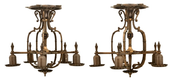 Pair of American Art Deco Patinated Bronze Five-Light Chandeliers