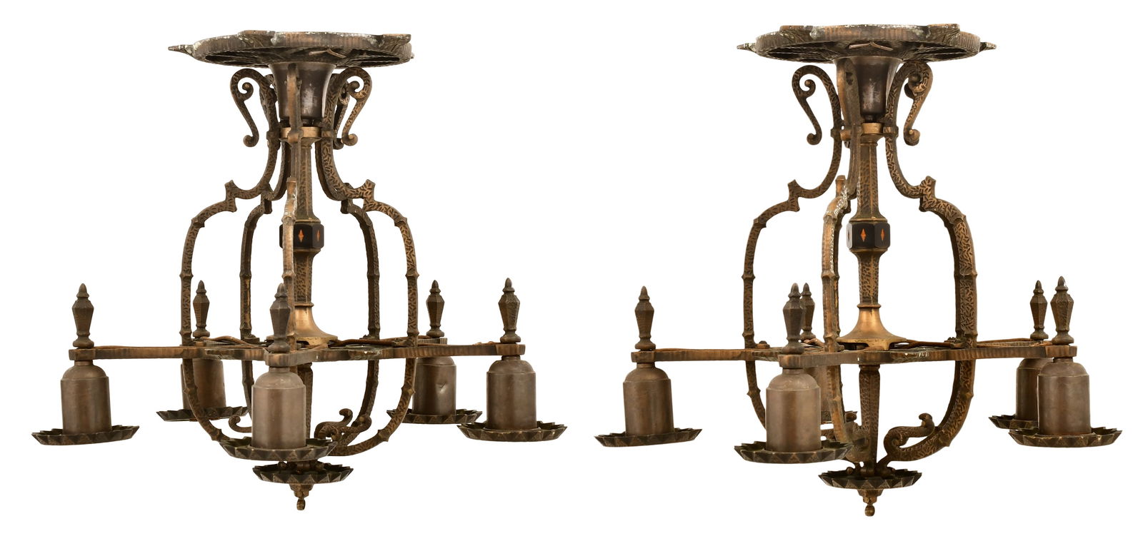 Pair of American Art Deco Patinated Bronze Five-Light Chandeliers: Pair of American Art Deco Patinated Bronze Five-Light Chandeliersearly 20th century16 x 18 inchesProvenance: Private Collection, Massachusetts