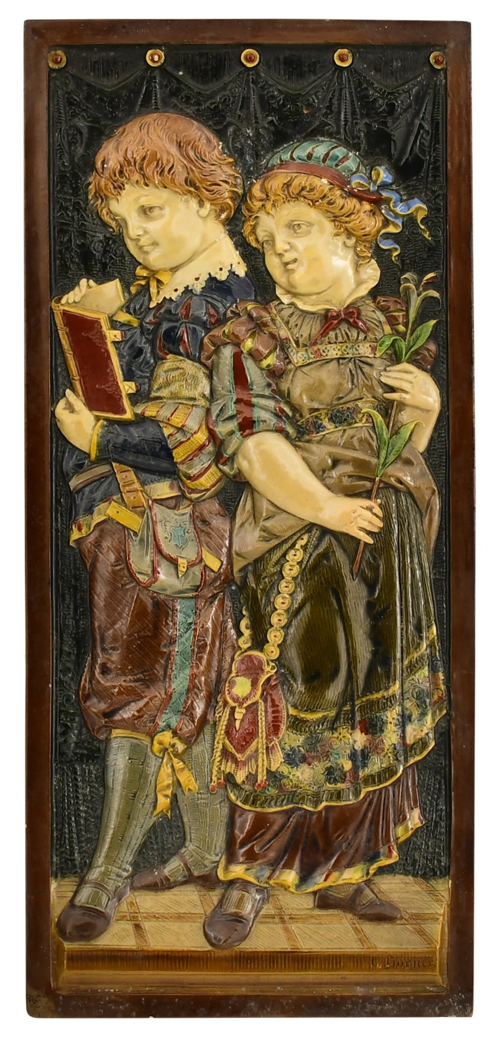 German Polychrome-Painted Terracotta Plaque, Bichweiler, Hamburg: German Polychrome-Painted Terracotta Plaque, Bichweiler, Hamburg late 19th century the plaque depicting two elegantly dressed children, artist signed "C. Borner" and verso stamped "Bichweiler, Hamburg