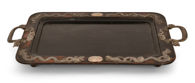 Asian Silvered Metal & Wood Tray