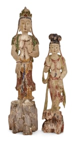 Two Chinese Carved & Polychrome-Painted Wood Quan Yin Figures