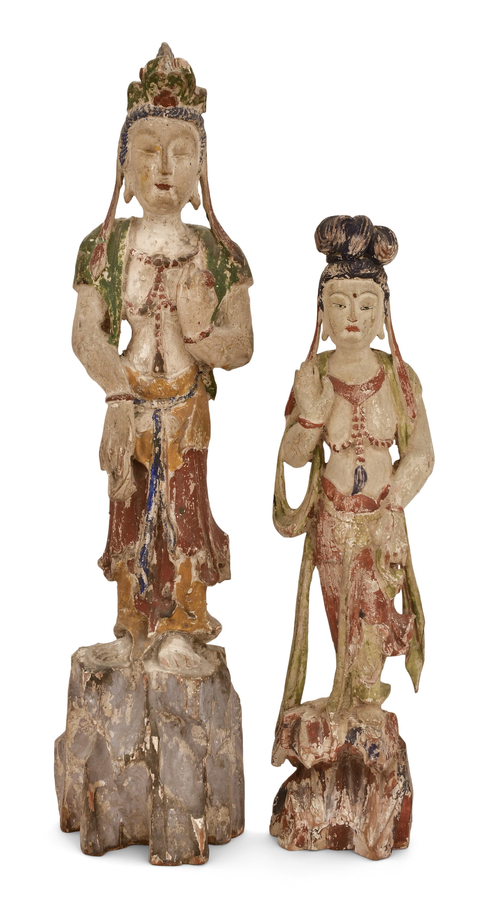 Two Chinese Carved & Polychrome-Painted Wood Quan Yin Figures: Two Chinese Carved & Polychrome-Painted Wood Quan Yin Figures22 x 5 inches (largest)