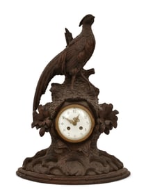 Black Forest Carved Mantel Clock with Pheasent