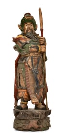 Chinese Carved & Polychrome-Painted Wood Figure of Guan Yu
