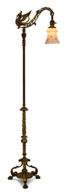 American Gilt Brass Bridge Lamp with Lustre Art Glass Shade