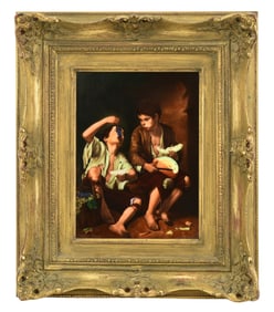 German Hand-Painted Porcelain Plaque, "Melonen und Traubenesser" (Melon and Grape Eaters)