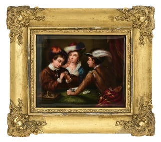 Continental Hand-Painted Porcelain Plaque of Figures Playing Cards