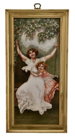 Limoges Porcelain Plaque of a Woman & Girl on Swing