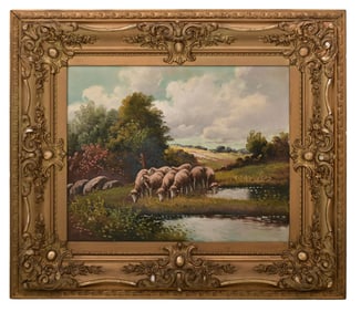 Sheep Grazing, Oil on Canvas, 20th Century, Signed Lower Left