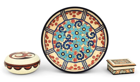 Longwy Pottery Covered Bowl, Bowl and Cigarette Box