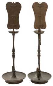 Pair of Asian Patinated Bronze Candle Lamps