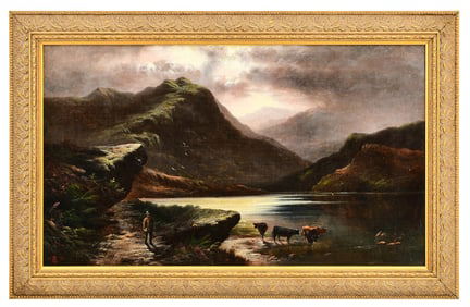 American Landscape with a Man and Cows by the Water, Oil on Canvas