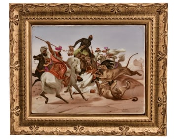 Continental Hand-Painted Porcelain Plaque, "The Lion Hunt"