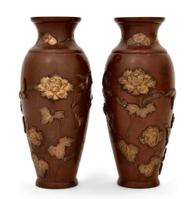 Pair of Japanese Meiji Period Mixed-Metal Floral Vases