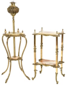 American Gilt Brass & Onyx Piano Lamp & Table