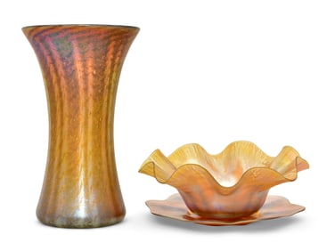 A Tiffany Studios Favrile Glass Bowl and Plate, and an Arthur Nash Decorated Glass Vase