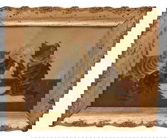 Folk Art Cat Painting, Oil on Board, 19th Century