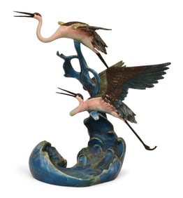 Polychrome-Painted Bronze Sculpture of Cranes